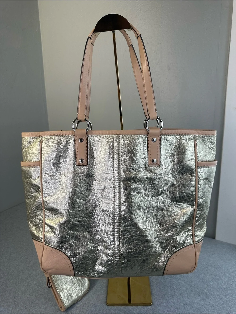 Coach Metro Tote Bag Crinkled Metallic Textured Purse & Matching Wristlet